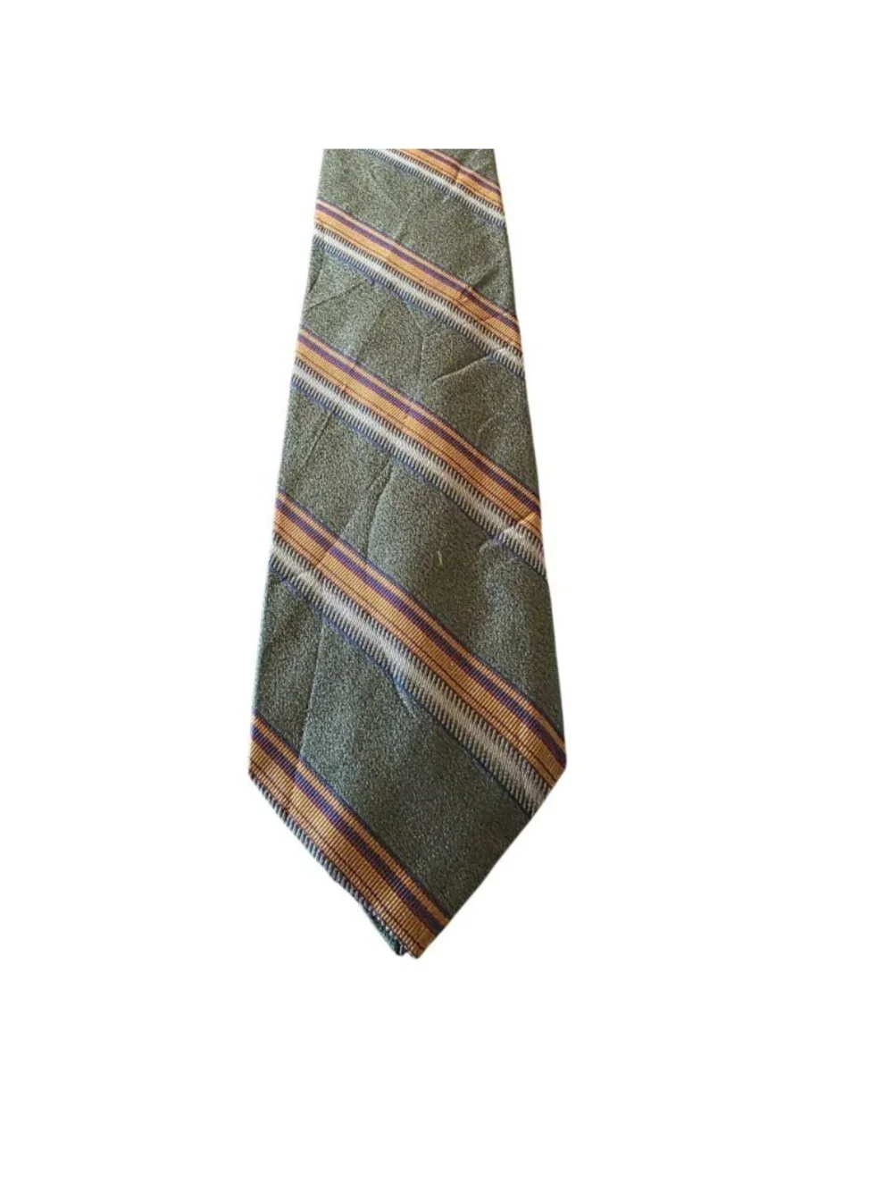 Roundtree & Yorke Silk Tie Olive Green Striped Handmade USA Vintage Necktie